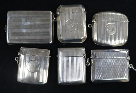 Six engine-turned silver vesta cases, various, total 5.5oz approx